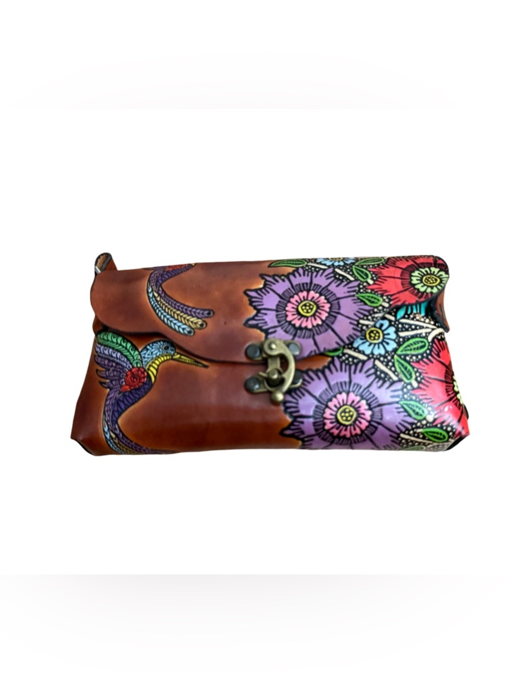 Mexican Hand-Painted Brown Leather Clutch with Floral & Hummingbird Design Purse